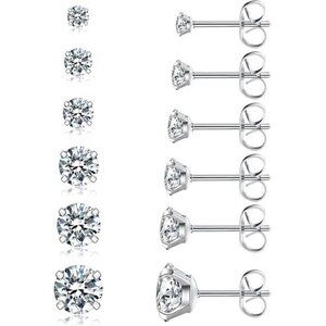Steel Colored 6 Pairs Stud Earrings Set, Hypoallergenic Cubic Zirconia Earrings